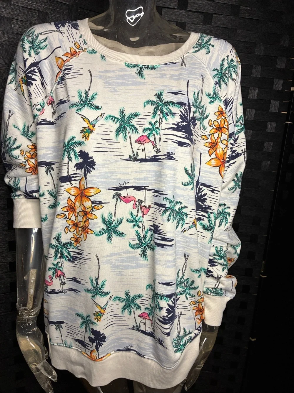 Old Navy White Tropical Palm & Flamingo Print Sweatshirt - Picture 2 of 4